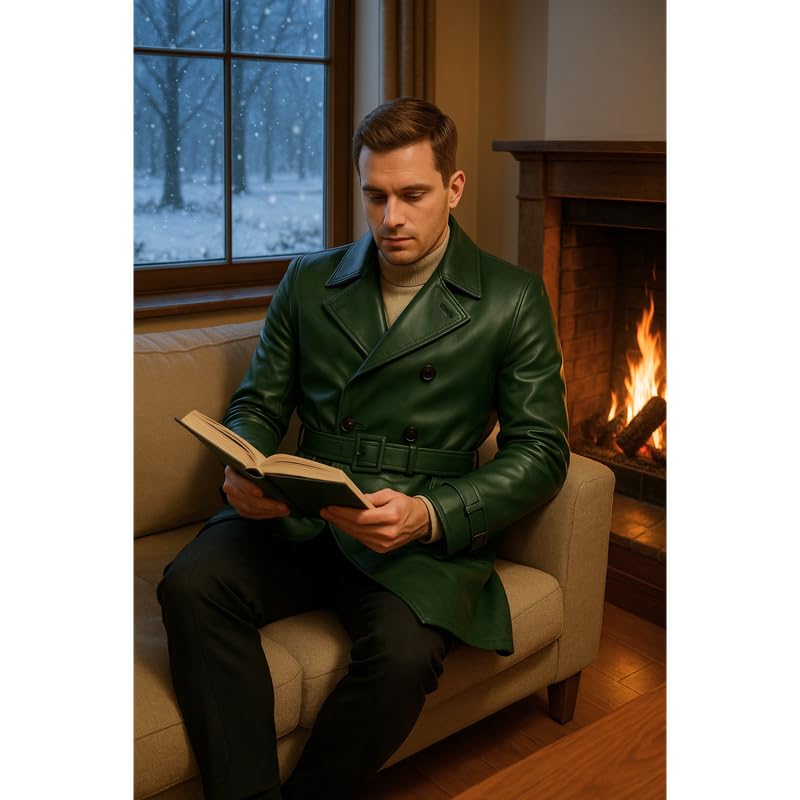 Men's Real Leather Trench Coat with Waist Belt – Double-Breasted Winter Overcoat-Quilted lining | 6-colors Variants4