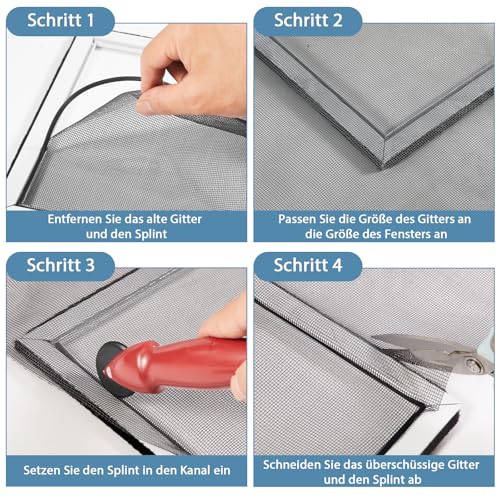 FLYZZZ Profi Fliegengitter Fenster &Tür Set – 150X300cm Fiberglas Gewebe Meterware in Schwarz – Inkl. Φ 12m Keder, ergonomischem Einrollwerkzeug & Cutter – Insektenschutz Ersatznetz zum Zuschneiden