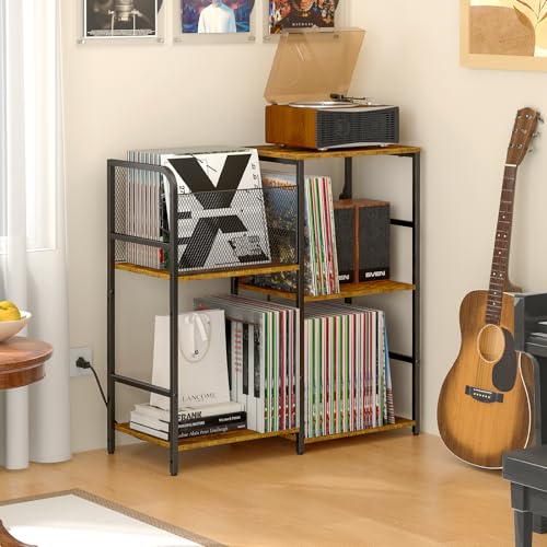 Image of ThreeHio Record Player Stand with Power Outlets, Turntable Stand with Vinyl Storage Holds up to 300+ Albums, Storage Cabinet for Vinyl Records, Record Player Table with LED Light for Living Room