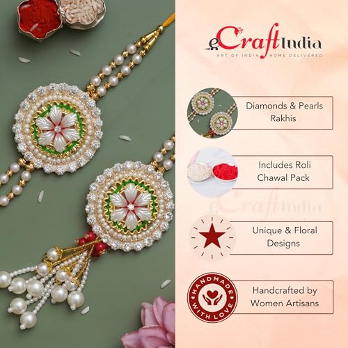 Image of eCraftIndia Diamonds, Pearls Floral Designer Bhaiya Bhabhi Rakhi Set with Roli Chawal Pack - for Brother, Bhaiya, Bhai - Lumba Rakhi for Bhabhi