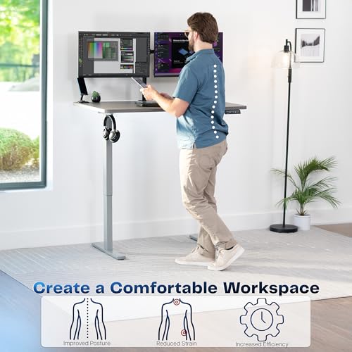 Image of VIVO Dark Gray 48 x 30 in Standing Desk, DESK-KIT-1G5G | Electric, Holds 220 lbs, Sit Stand, Height Adjustable, One-Piece Extra Deep Table Top, Memory Presets, 1B Series, Gray Frame