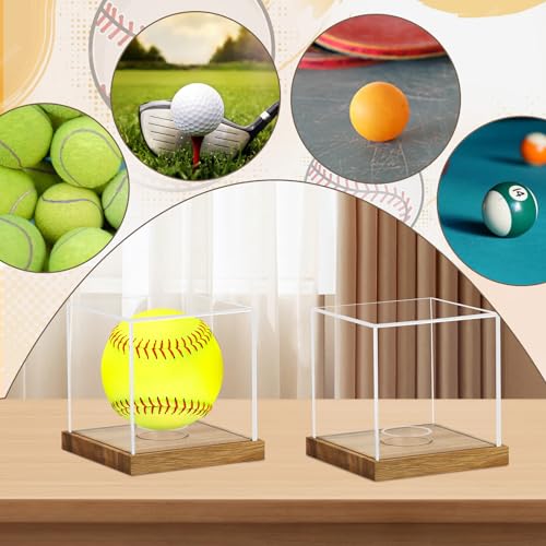 Image of 2 Pack Clear Acrylic Softball Display Case with Wood Base, Memorabilia Stand Cube Holder, Dust Protection Transparent Storage Box for Single Ball Souvenir Softball Collections