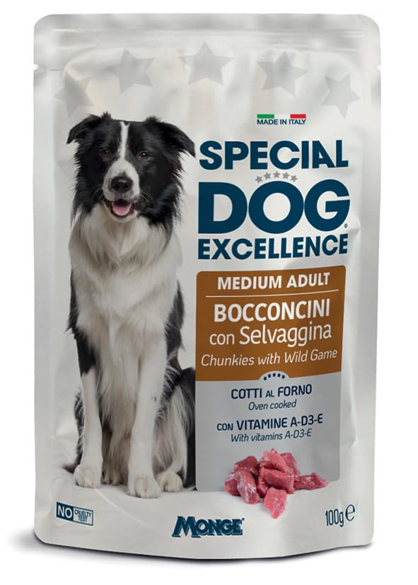 Monge Special Dog Excellence bocconcini, umido senza conservanti,senza coloranti per cani di tutte le taglie gusto SELVAGGINA | 12 bustine da 100 grammi l'una.
