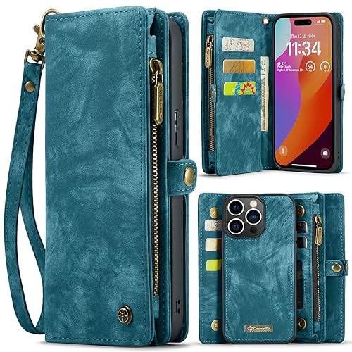Coque iPhone 15 Pro étui portefeuille magnétique amovible bleu sarcelle