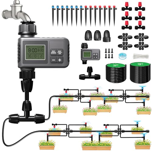 MQJIAZHI 124FT Drip Irrigation System with LCD Timer, Automatic Watering System Kits,1/2 Inch Hose 1/4 Inch Distribution Tubing 3 Sprayer Types, for Garden, Greenhouse, Garden, Lawn