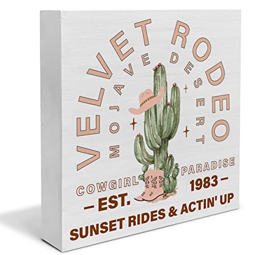 Image of Country Western Cactus Wood Box Sign Decor Desk Sign Desert Cowgirl Cactus Wooden Box Block Sign Rustic Home Shelf Wall Decoration