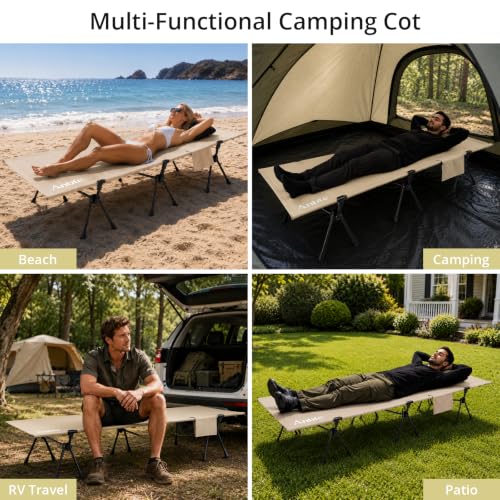 Image of Anbte Height Adjustable Camping Cot with Storage Net, Support 400lbs, Brown | Comfortable Portable Cots for Adult, for Camping Hiking Travel Truck Beach Office Nap, With Storage Bag
