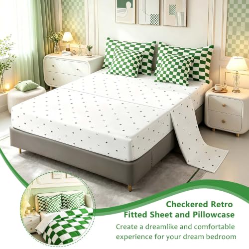 Image of Feelyou Checkered Retro 7 Piece Bedding Set Teen Women Men Green White Plaid Comforter Set with Sheets Twin Size Kids Boys Geometric Vintage Bed in a Bag Modern Simple Groovy Aesthetic Room Decor