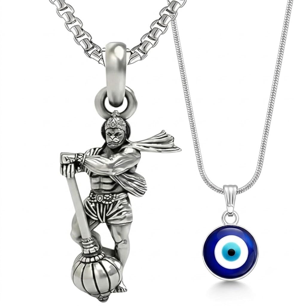 Hanuman Pendant Necklace for Boys Stainless Steel Bajrangbali Gada Locket with Evil Eye Protection Chain Combo for Men Stylish Religious Jewelry Daily Wear Anti Tarnish Gift-image-19