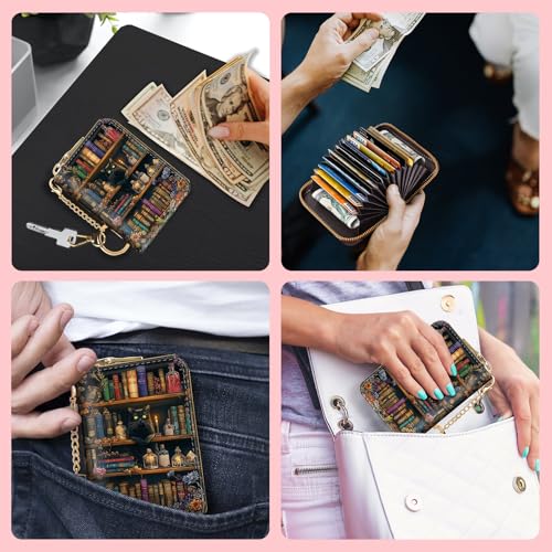 Stylish Bookshelf Cat RFID Wallet for Women - Compact Leather Credit Card Holder with Keychain and Zipper - Image 3