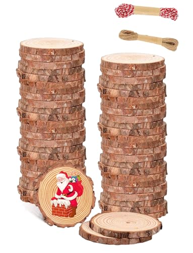 BIBRADAA Wood Slice Ornaments 54 Pcs 2.4-2.8 Inches Unfinished Natural Wood Cookies Predrilled with Hole Wood Slices for Crafts Christmas Ornaments Wedding Decorations etc.