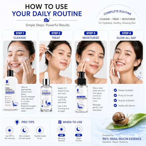Image of Snail Mucin Skincare Kit - Face Cleanser, Snail Mucin Glow Serum & Moisturizer Combo | Korean Skin Care Routine for Glowing Skin | Hydrating Daily Face Care Set for Men & Women | All Skin Types