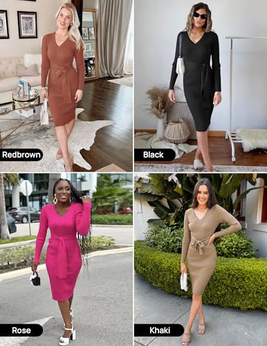 ZESICA Women's 2025 Fall Sweater Dress V Neck Long Sleeve Ribbed Knit Tie Waist Bodycon Slim Fit Midi Dresses4