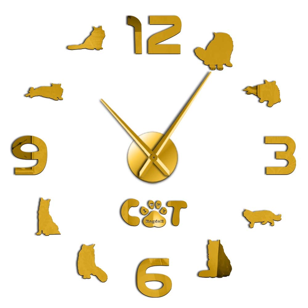 Grande horloge murale 3D chat en miroir acrylique doré de qualité supérieure pour bureau