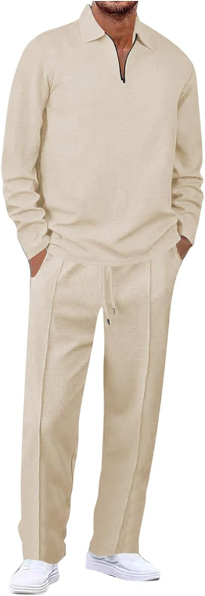 Mens Track Suits 2 Piece Set,Fall Winter Outfits 2026 | Short/Long Sleeve Quarter Zip Sweatshirt Pullover and Pants Waffle Leisure Suits,Mens Sweatsuits Sets for Gym,Loungewear