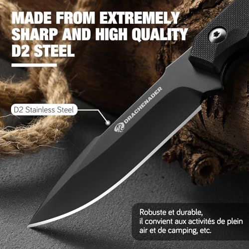 DRACHENADER Couteau à lame fixe EDC en acier D2 de 17,8 cm, transport polyvalent avec gaine Kydex et manche G10 (C- Black Balde + poignée noire) – vue 2