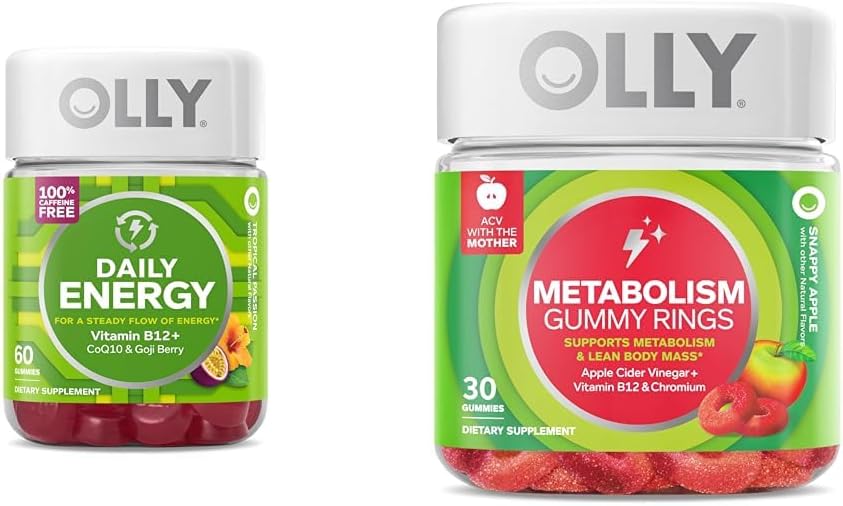 OLLY Daily Energy Gummy, Caffeine Free, Vitamin B12, CoQ10, Goji Berry, Adult Chewable Supplement & Metabolism Gummy Rings, Apple Cider Vinegar, Vitamin B12, Chromium, Energy and Digestive Health