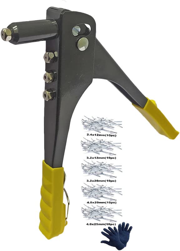 Inditrust Yellow Non Slip 9.5" Rivet Gun Hand Riveter Nail Gun, Pop Riveter with Gloves (50 RIVETS included)-image-48