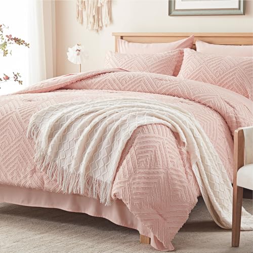 Image of Zzlpp King Comforter Set 7 Pieces, Pink Tufted Bed in a Bag with Comforter and Sheets, All Season Boho Bedding Sets with 1 Comforter, 2 Pillow Shams, 2 Pillowcases, 1 Flat Sheet, 1 Fitted Sheet