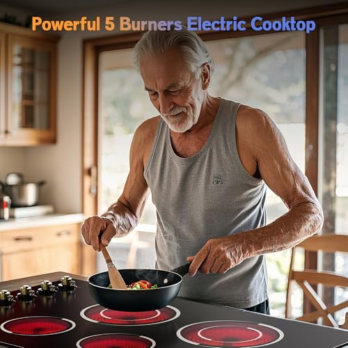 Image of Electric Cooktop 34.25 Inch - Built-in(34.25 inchx19.3 inch) 5 Burner Electric Stove Top 8400W High Power, 36 inch Ceramic Cooktop with Knob Touch, Dual Ring, Overheat Protection, 220-240V Hard Wired