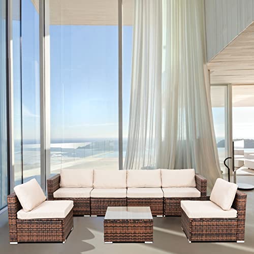 Homsido 7Pcs Patio Outdoor Sofa Conversation Furniture Set Rattan Wicker Sectional Sofa All-Weather Brown Rattan Seating Sets With Washable Cushions Glass Coffee Table(Beige Cushion) #TOP1