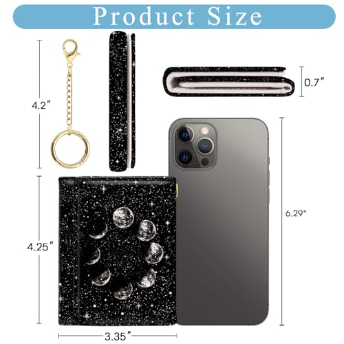 Image of Jogjam Womens Wallet, Black Small Slim RFID Blocking Card Wallets, Moon Lunar Trifold PU Leather Card Holder Wallet Organizer, Mini Pocket Cash Wallet with 7 Card Slots ID Window for Girls Ladies
