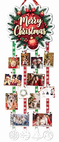 Buecasa Merry Christmas Home Wall Card Picture Display Sign with 4pcs Ribbons 4pcs Pendants & 30pcs Snowflake Clips - Wooden Xmas Circle Photo Holder Board in Dia.12.8 Inches