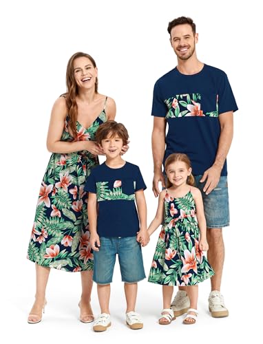 Image of PATPAT Family Matching Outfits Mommy and Me Dresses Hawaiian Tropical Vacation Beach Spaghetti Strap Dress and Shirt