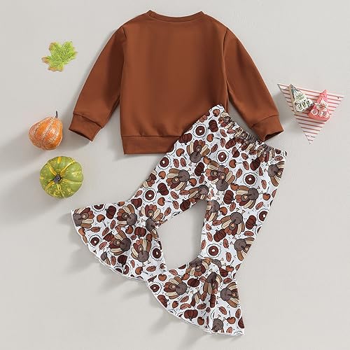 BemeyourBBs Toddler Baby Girl Thanksgiving Outfit Turkey Long Sleeve Sweatshirt Top with Bell Bottom Pants Set Fall Clothes3