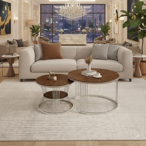 Image of The Round Coffee Table and The Stacking Tea Table with a Gold Metal Frame are Two Versatile Modern Center Tables That Look Great in Living Rooms (Gry Brown)