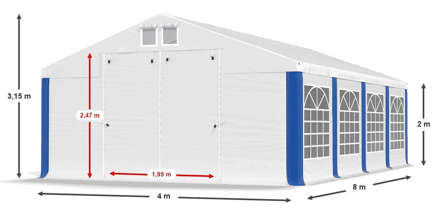 Partyzelt 4x8 M – Wasserdichte PVC-Plane (560 G/m²), Stahlrohr-Konstruktion, In Weiß-blau
