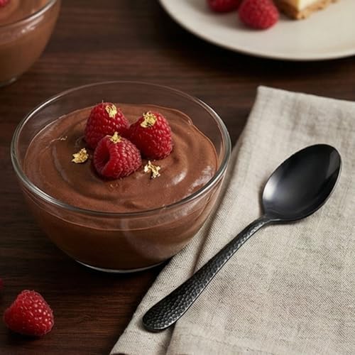 Image of 6.7 inch Charcoal Black Hammered Dessert Spoons | Set of 5 Durable Stainless Steel Teaspoons | Mirror Polished Silverware for Home, Restaurants, and Gift Giving