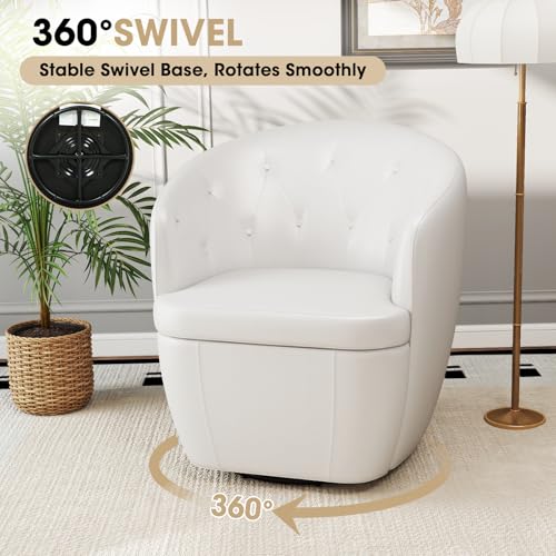 Image of 360 Swivel Leather Accent Chair, Modern Barrel Club Chair with Leather Upholstery and Sturdy Base, Comfortable Armchair for Living Room, Bedroom, Reading Nook, White