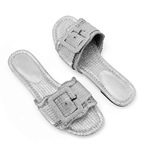 Image of ZJGZF Raffia Sandals for Women Buckle Straw flats Woven Braided Rattan Slides Summer Beach Sandals Comfort Cute Shoes