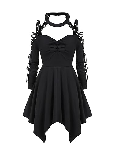 ROSE GAL Rosegal Womens Plus Size Gothic Choker Lace-up Grommets Cutout Handkerchief Hem Cold Shoulder Long Sleeve Tunic Top - Black_3 - 2X