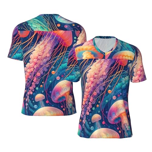Stylish Athletic Sports Jersey Colorful-Jellyfish-Pattern Men's Rugby Jersey Large