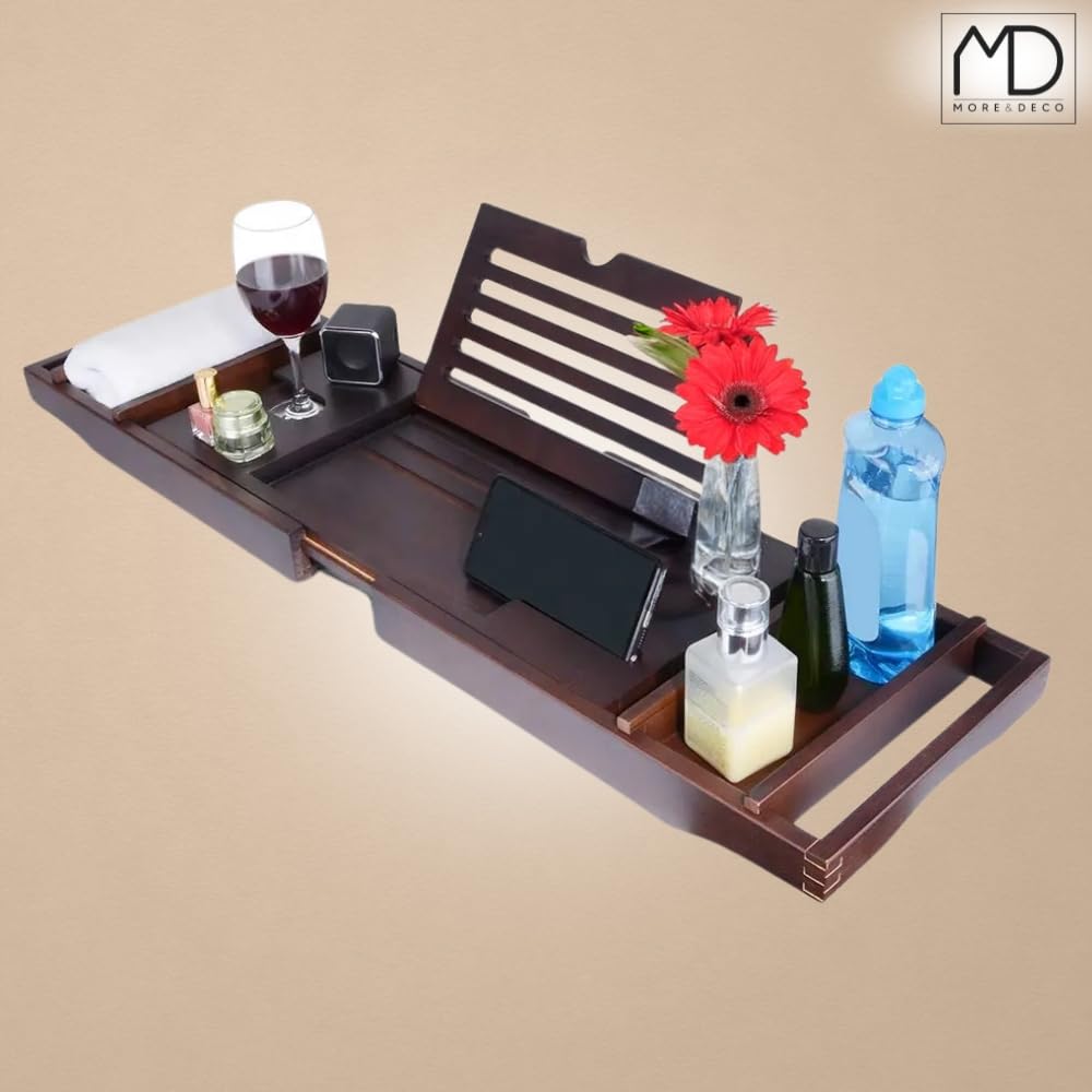 ZOLTA Badewannenablage - Badewannenbrett mit Tablet- oder Buchhalterung - Badewannentablett mit Halterung für Weingläser & Becher - Home Wellness - Badewannenablage aus Bambus Holz - 75-110 x 23 cm