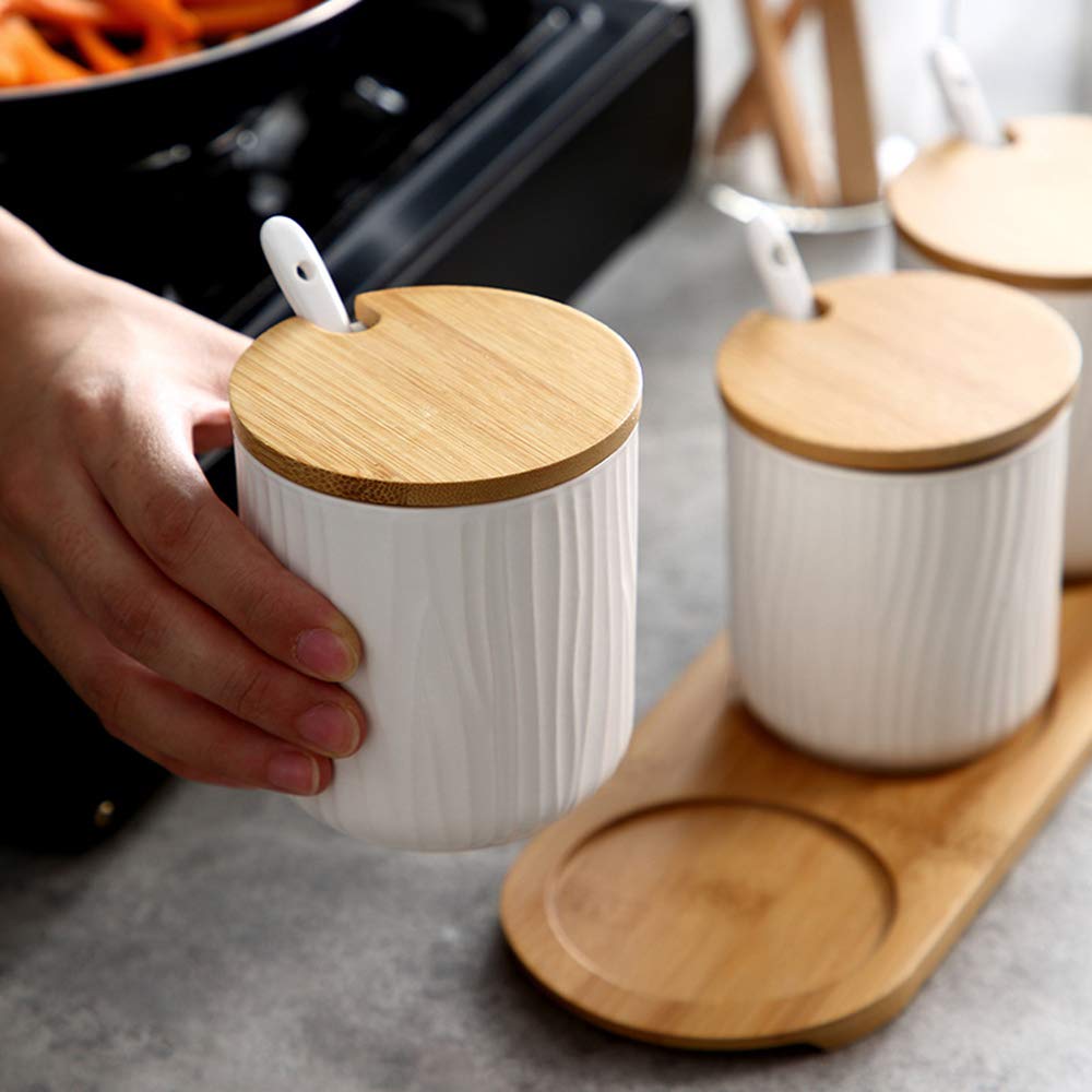 3er Set Weiß Keramik Gewürzdosen Zuckerdose Keramik Zucker Schüssel mit Löffel und Bambus Deckel für Tee Zucker Salz Gewürze Bei Zuhause und Küche