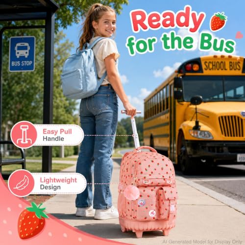 Image of CCJPX Rolling Backpack for Girls, 3Pcs Roller Wheeled School Bookbag, Strawberryra Wheels Backpacks with Lunch Box for Kids (Pink)