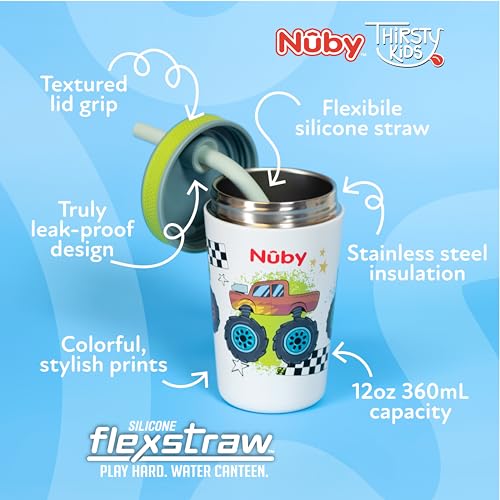 Image of Nuby Thirsty Kids Flexstraw Stainless Steel Insulated Toddler Cup - 12 oz | Leak-Resistant Silicone Straw - Easy-Clean Valve and Capacity - Travel Cup - Monster Trucks