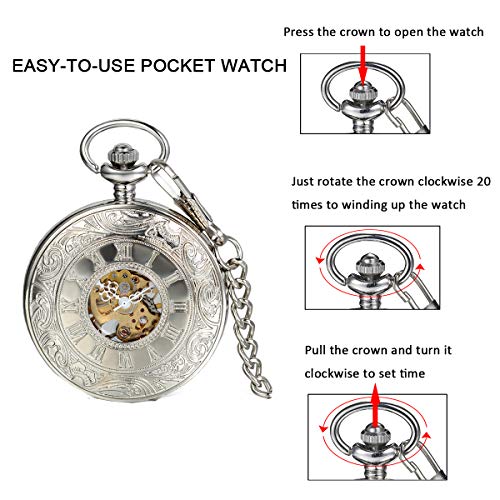Image of JewelryWe Antique Mechanical Pocket Watch Retro Classic Mechanical Hand-Wind Pocket Watch Steampunk Fob Watch Pendant Watch with Chain, for Father's Day