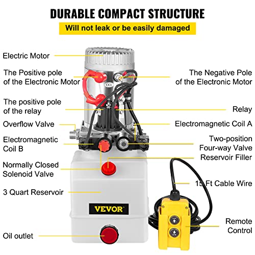 Vevor 3200 PSI Hydraulic Pump 3 Quart Hydraulic Power Unit Double Acting Hydraulic Pump For Dump Trailer Car Lifting 12V Dc Plastic Oil Reservoir thumb #4