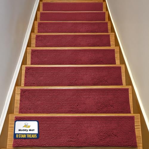 Muddy Mat® Pack of 8 - Soft Chenille Stair Treads Non-Slip Reusable, Super Absorbent Stair Treads for Wooden Steps, Tile & Marble Floor, Easy to Install & Machine Washable - Red 30'' x 7''