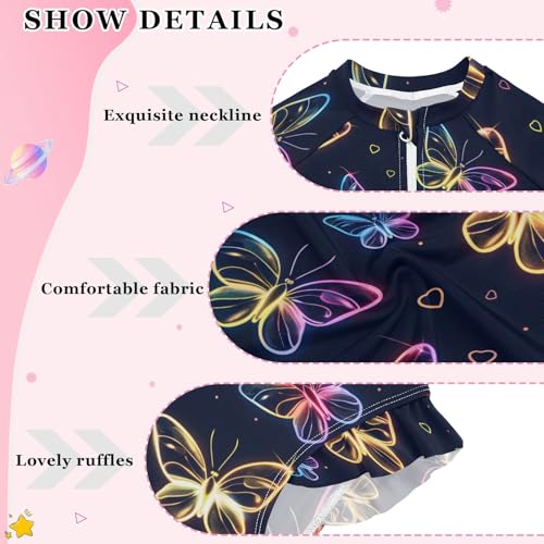 Beautiful Neon Flying Butterflies Girls One Piece Rash Guard Swimsuit, Girls Long Sleeve Swimwear for 3-12Y4