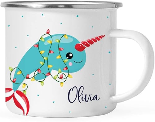 Andaz Press Taza de café de acero inoxidable con nombre personalizado de 11 onzas para niños, chocolate caliente de Navidad, narval navideño,