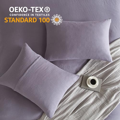 SE SOFTEXLY Muslin Duvet Cover Queen Size, 100% Washed Cotton Duvet Cover Set, Ultra Soft Comforter Cover Linen Like, 3 Pieces Minimalist Gauze Duvet Cover with 2 Pillowcases, 90"x90", Purple Grey