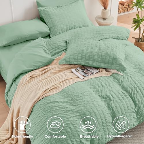 Image of HYMOKEGE Sage Green Full Size Comforter Sets Seersucker 7 Pieces, All Season Luxury Bed in a Bag for Bedroom, Bedding Set with Comforters, Sheets, Pillowcases & Shams