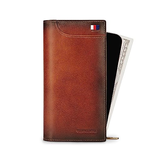 VANNANBA Long Wallets for Men with Zip Coin Pocket-RFID Blocking-Gift Package,Bifold Leather Credit Card Wallet(Brown)