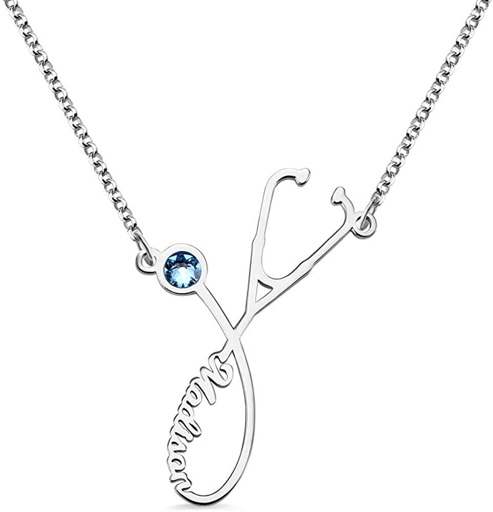 Stethoscope Necklace Personalized Name Necklace Custom Name Pendant Sterling Silver 925 for Nurse Doctor Medical Student Graduation Gift