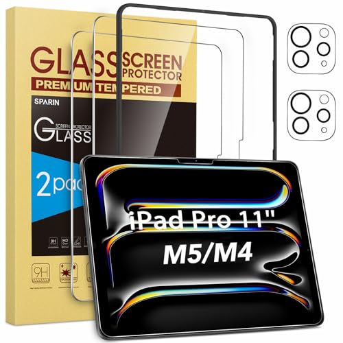 SPARIN Screen Protector for iPad Pro 11 Inch M5 2025/M4 2024 (6th/5th Generation), with Camera Lens Protector & Alignment Frame, Case Friendly/Apple Pencil Compatible Tempered Glass [2+2 Pack]